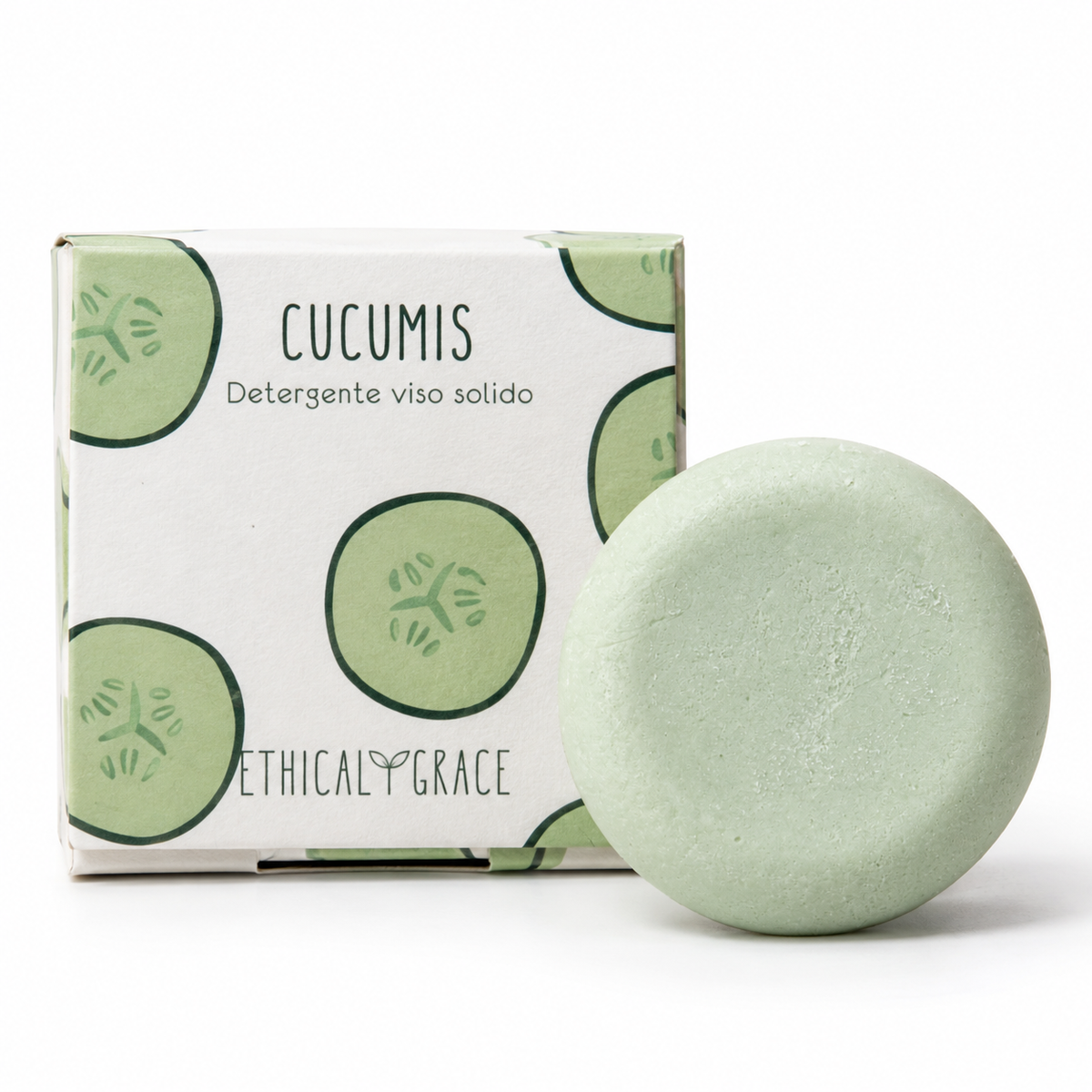 Cucumis Ethical Grace, confezione e detergente viso solido verde chiaro su sfondo bianco