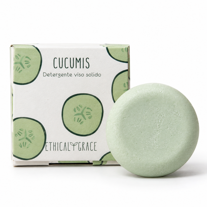 Cucumis Ethical Grace, confezione e detergente viso solido verde chiaro su sfondo bianco