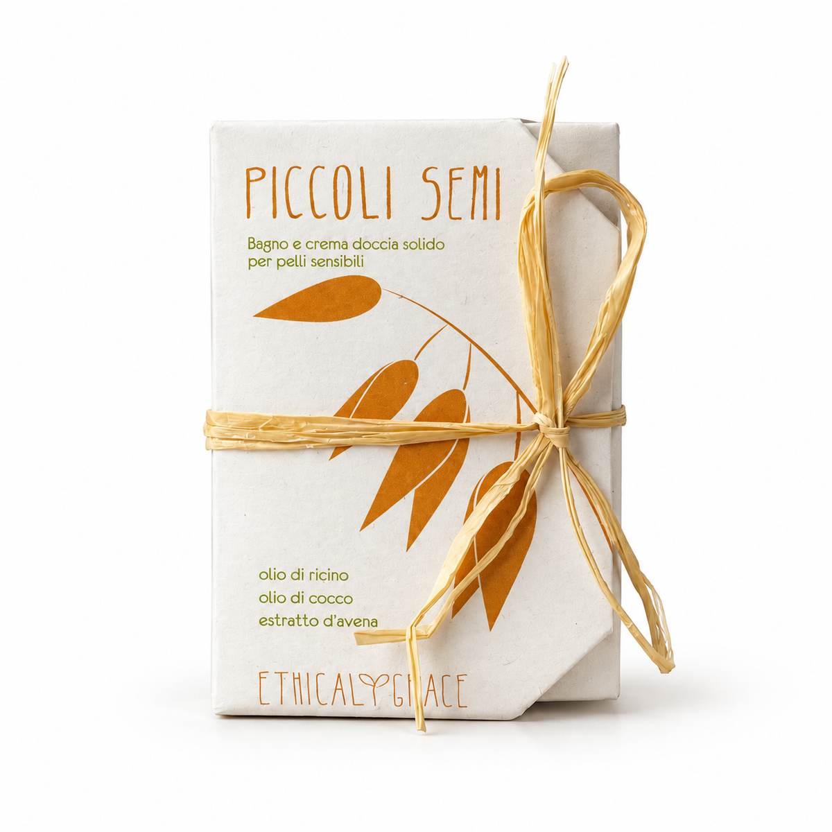 Piccoli Semi crema e bagnodoccia solido 2 in 1 per pelli delicate, confezione su sfondo bianco